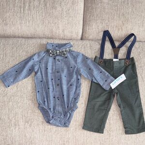 Carter's Blue Collared Shirt and Green Suspender Pants Set